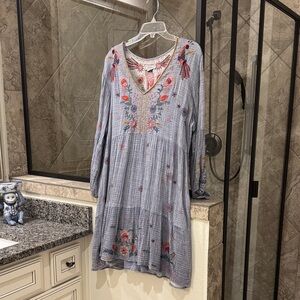 Johnny Was Light Blue Embroidered Tiered Dress